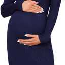 KOJOOIN Women's Maternity V Neck Sweater Dress Rib Knit Long Sleeve Bodycon Side Slit Midi Dress Fall Photoshoot Baby Shower