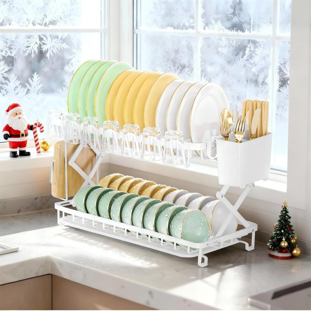 2-Tier Dish Racks for Kitchen Counter, Large Dish Drainers for Kitchens Counter Stainless Steel Kitchen Dishes Drying Rack, Space Saving Dishes Strainer for Bowl, Plate, Cup - Modern Counter Organizer (White)