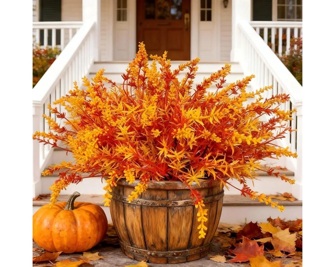 Geegoods 16 Bundles Artificial Fall Flowers Outdoor – Faux Lavender Flowers with Monkey Grass UV Resistant Plastic Faux Plants for Halloween Front Door Porch Patio Yard Balcony Decor, Orange Color