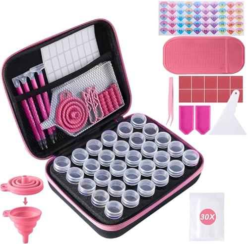 LYMUSUMI 30 Slots Diamond Art Storage Containers for Adults Portable Bead Storage Boxes for Diamond Painting Accessories and Tools（Pink）