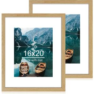 Hongkee 16x20 Frames Set of 2, Natural Oak Wood Style - Display 16 x 20 Picture without Mat or 11x14 Picture with Mat, Wall Mounting Horizontal and Vertical