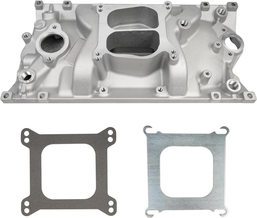 Intake Manifold Dual Plane Carbureted Cast Aluminum Compatible with Chevy Small Block 1996-2002 Vortec 5.0 305/5.7 350 SBC with Spread or Square Bore Carbs