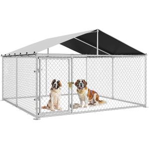 Outdoor Dog Enclosure with Roof, 10'x10' Dog Kennel Outside with Metal Gate, Dog House Large Dogs for Yard