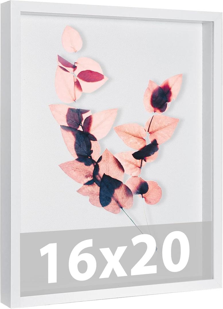 Large 16x20 Shadow Box Frame with Soft Linen Back - Memory Display Case, Shatterproof Plexiglass, 12 Push Pins Included, White
