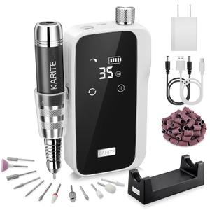 Karite Professional Nail Drill Machine for Acrylic Nails, 35000 RPM Electric Nail File with 13 Bits, 30 Sanding Bands  USB Rechargeable, Portable Electronic Nail Filer for Home Salon Manicure Tools (Pearl White)