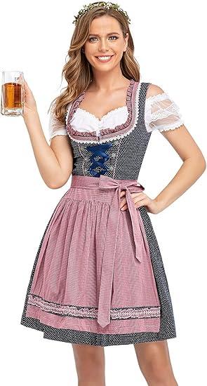 Oktoberfest Costumes Women Dirndl Dresses 3 Pcs German Oktoberfest Dress Bavarian Blue Dress White Blouse Pink Apron, Size: Medium