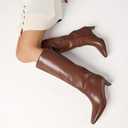 Tscoyuki Knee High Boots for Women Kitten Low Heel Square Toe Tall Boots Side Zipper Vegan Leather Heeled Long Fall Boots for Office Dating Party Work Trendy (Brown)