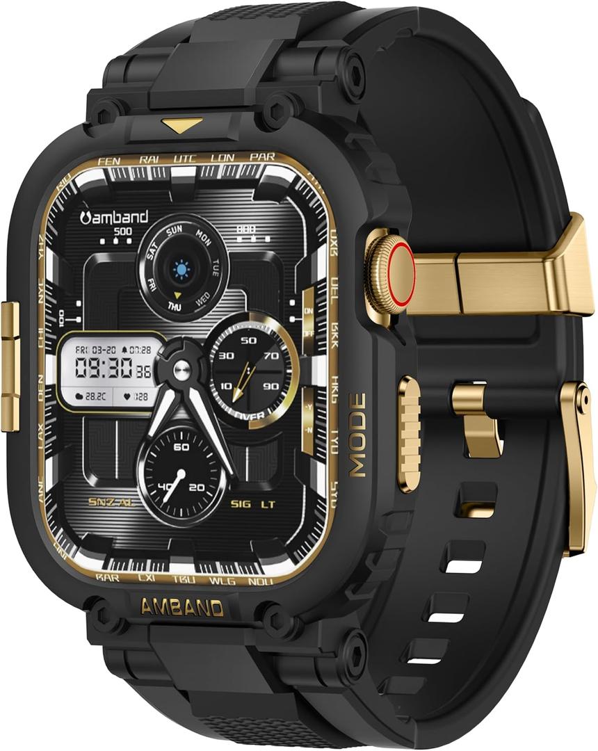 amBand Compatible with Apple Watch Series 11/10 46mm Bands Case for Men, M1 Sport Rugged Heavy Duty Cover Tactical Strap Military Protector Bumper for iWatch Workout Accessories 46 mm - Black Gold