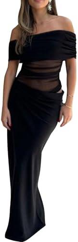 HOCILLE Women's Sexy Elegant Off Shoulder Long Formal Dress Mesh Bodycon Ruched Cocktail Party Maxi Dresses, S