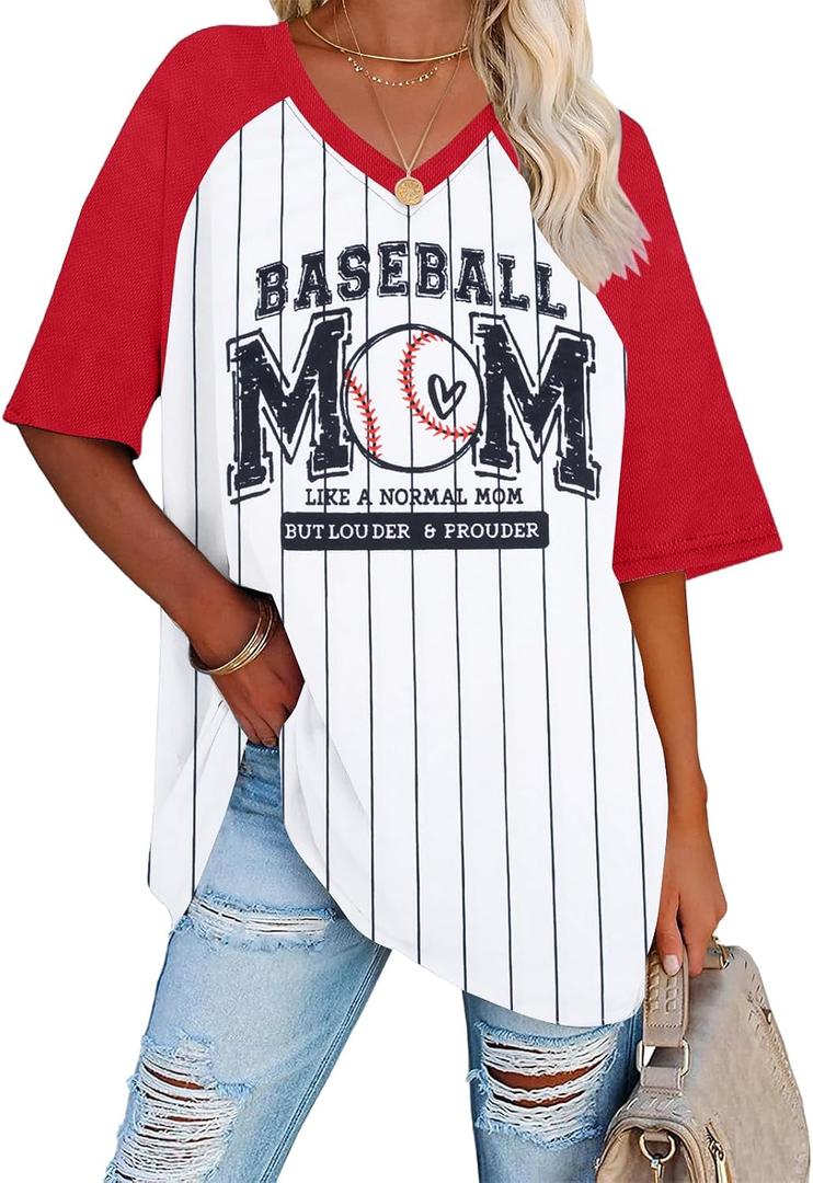 3 x Baseball Mom Shirts for Women V Neck Baseball Stripe Outfits | Womens Baseball Mom Shirts Oversized V Neck Mom Baseball Shirt Letter Print Casual Tops Tees