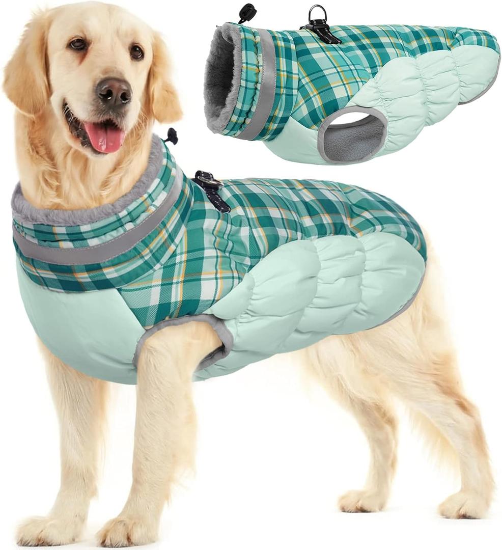 FUAMEY Dog Coat for Large Dogs,Waterproof Dog Winter Jacket with Harness Built in Puppy Cold Weather Coats Reflective Pet Vest with Zipper Warm Fleece Dogs Snowsuit Windproof Green Plaid XL (XL(chest:30in)