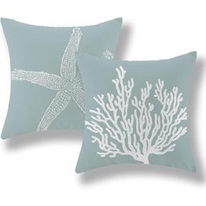 Coastal Pillow Covers 18x18 Inch Set of 2 Blue Coral Starfish Throw Pillows Nautical Ocean Decorations Summer Linen Beach Pillowcase Outdoor Decor Farmhouse Cushion Case for Home Living Room