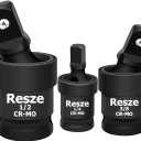 Resze 3PCS Universal Joint Swivel Socket Adapter Set (1/4", 3/8", 1/2"), 360 Rotating, Chrome-Plated Steel, Universal Fit, Anti-Slip Design - Heavy-Duty Automotive & DIY Mechanics Tool Kit