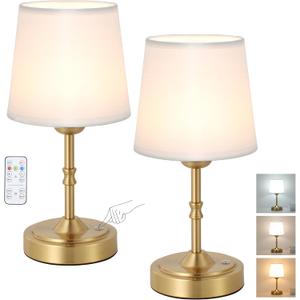 Vintage Gold Cordless Table Lamp with Remote and Touch Control, Wireless Small Led Battery Powered Rechargeable Portable Table Light, Dimmable 3 Color Mini Desk Lamp for Home Patio, 2Pack