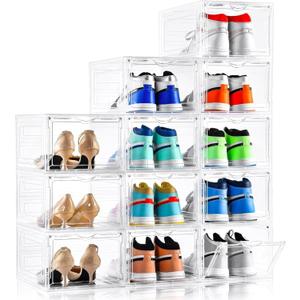 Clemate Upgraded X-Large Shoe Organizer,Shoe Storage Organizer,12 Pack,Shoe Box Clear Plastic Stackable,Drop Front Shoe Box with Clear Door, Shoe Containers For Sneaker Display,Fit up to US Size 13
