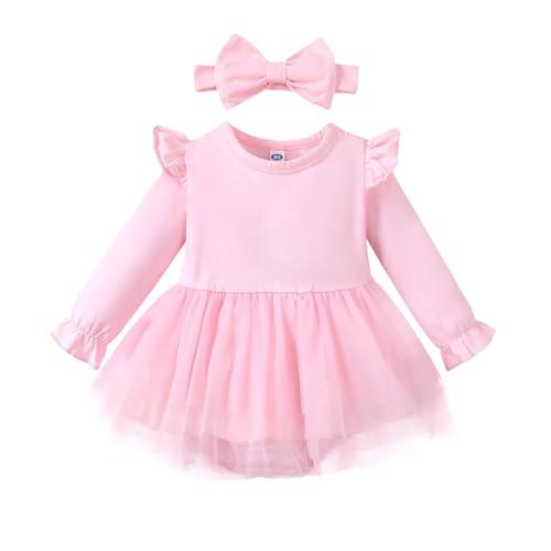 Magic Park 0-18M Infant Bodysuit Tutu Dress Baby Girl Romper Dress Toddler Solid Color Tulle Skirt Baptism Holidays Outfits (Long Pink, 18 Months)
