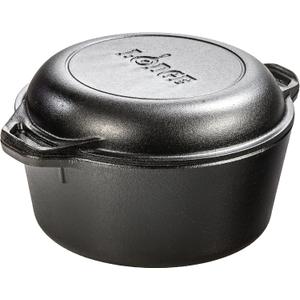 Lodge Cast Iron Double Dutch Oven 5 Quart - Pre-Seasoned 2-in-1 Cast Iron Cookware - Pot & Skillet Combo - Even Heat Retention - Oven-Safe, Versatile Pot