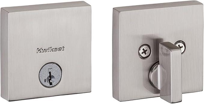 Kwikset Downtown Deadbolt Lock, Satin Nickel Square Exterior Keyed Front Entry Door, Pick Resistant SmartKey Rekey Security, Single Cylinder Dead Bolt, with Microban Protection