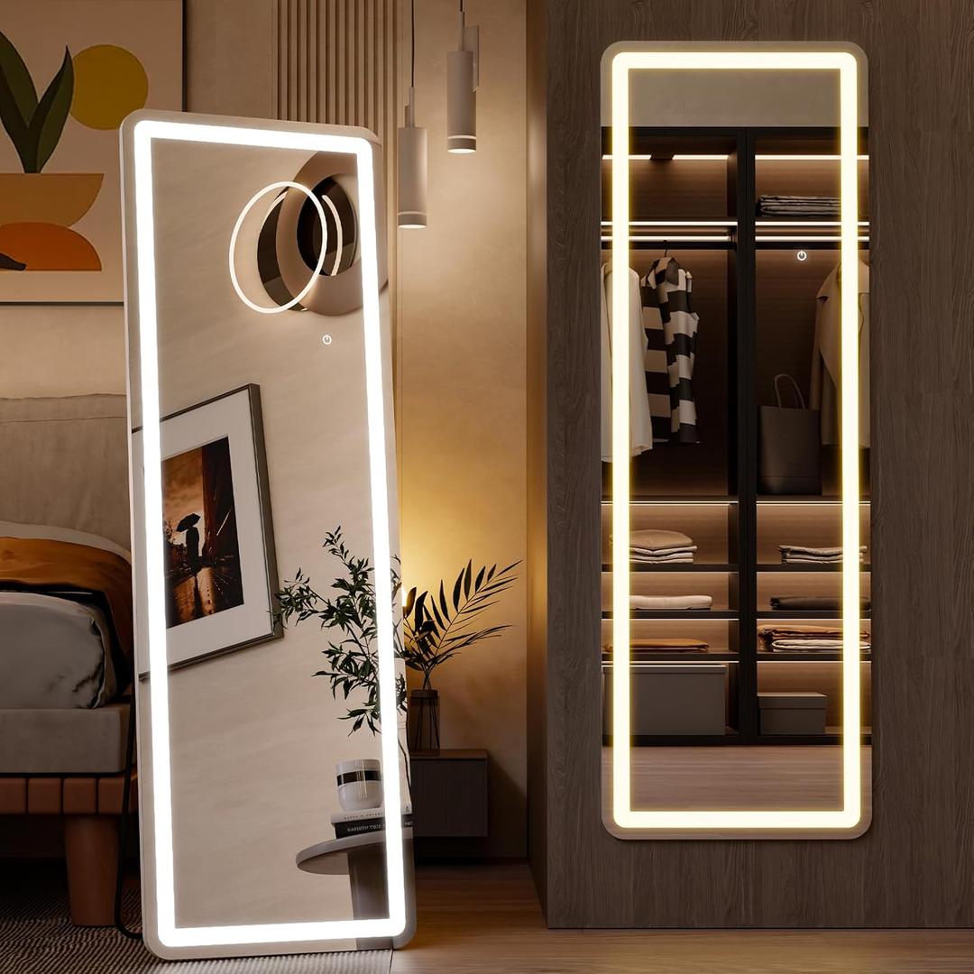 Sweetcrispy Full Length Mirror with LED Lights, 60"x16" Lighted Floor Mirror with Dimming & 3 Color Lighting, Stand for Bedroom, Dressing Room, Rectangle (60"L x 16"W)
