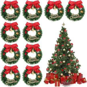 Ciieeo 10Pcs Mini Christmas Wreath Ornaments 2.55 Inch Miniature Xmas Tree Hanging Wreaths with Bow Bell and Merry Christmas Sign for Holiday Decor and Dollhouse Crafts (6.5X6.5X1CM)