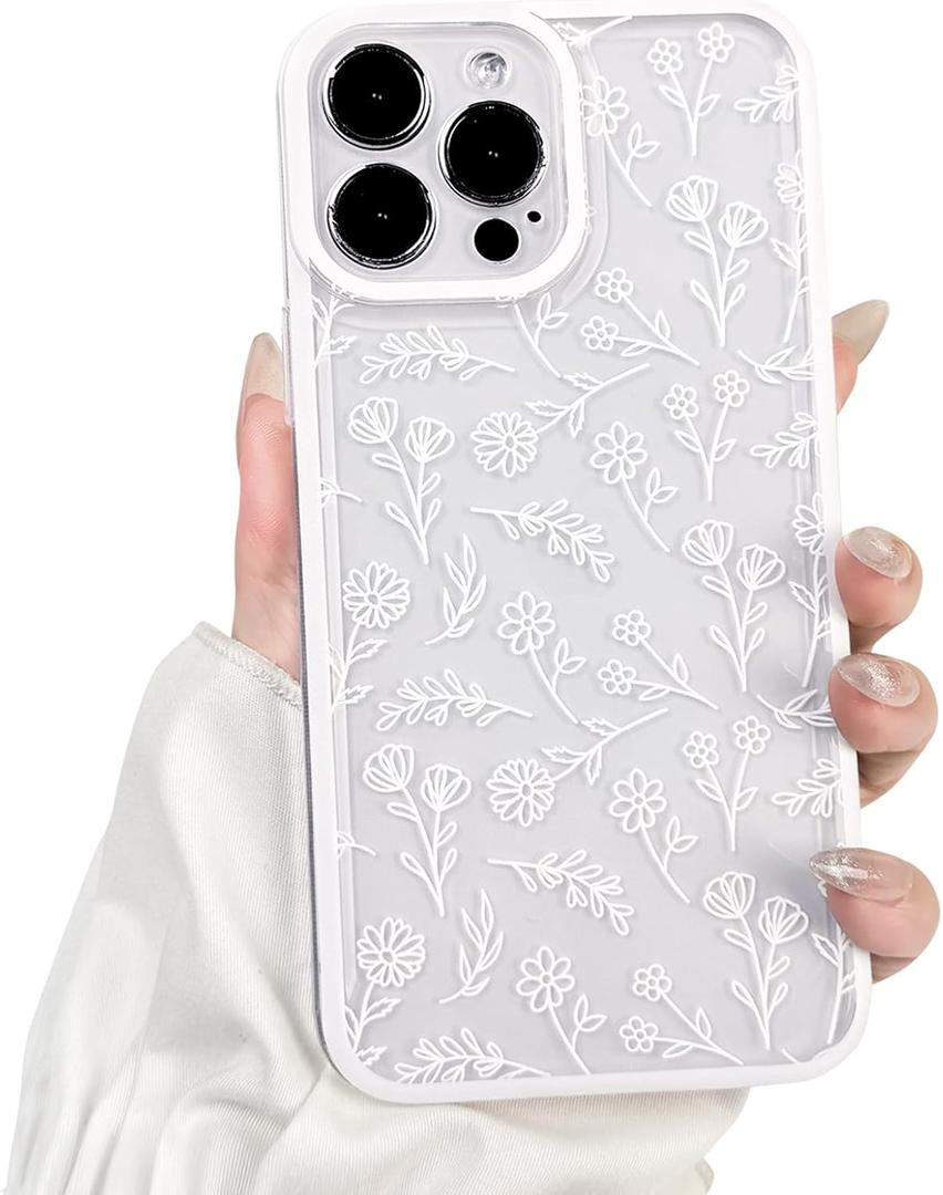 NITITOP Compatible with iPhone 15 Pro Case Cute Clear White Durable Flower Floral Leave for Girls Women Soft TPU Transparent Colourful Frame Full Camera Lens Shockproof Protective Cover - White