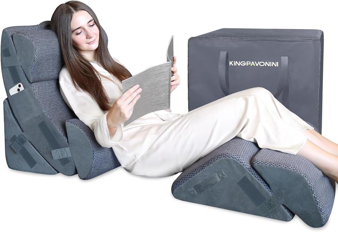 KingPavonini 6PCS Orthopedic Bed Wedge Pillow for Sleeping, Post Surgery Memory Foam for Back, Neck, Leg Support, Acid Reflux, Gerd with Travel Bag (Gray, 20'') (6 Piece Set - 20" Wide)