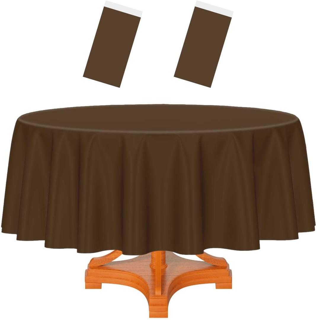 HEIPINIUYE 2 Pack Brown Round Tablecloth 84 Inch Round Plastic Table Cloth Waterproof Disposable Round Table Cover for Party Birthday Camping Picnic Baby Shower Circle Tablecloth