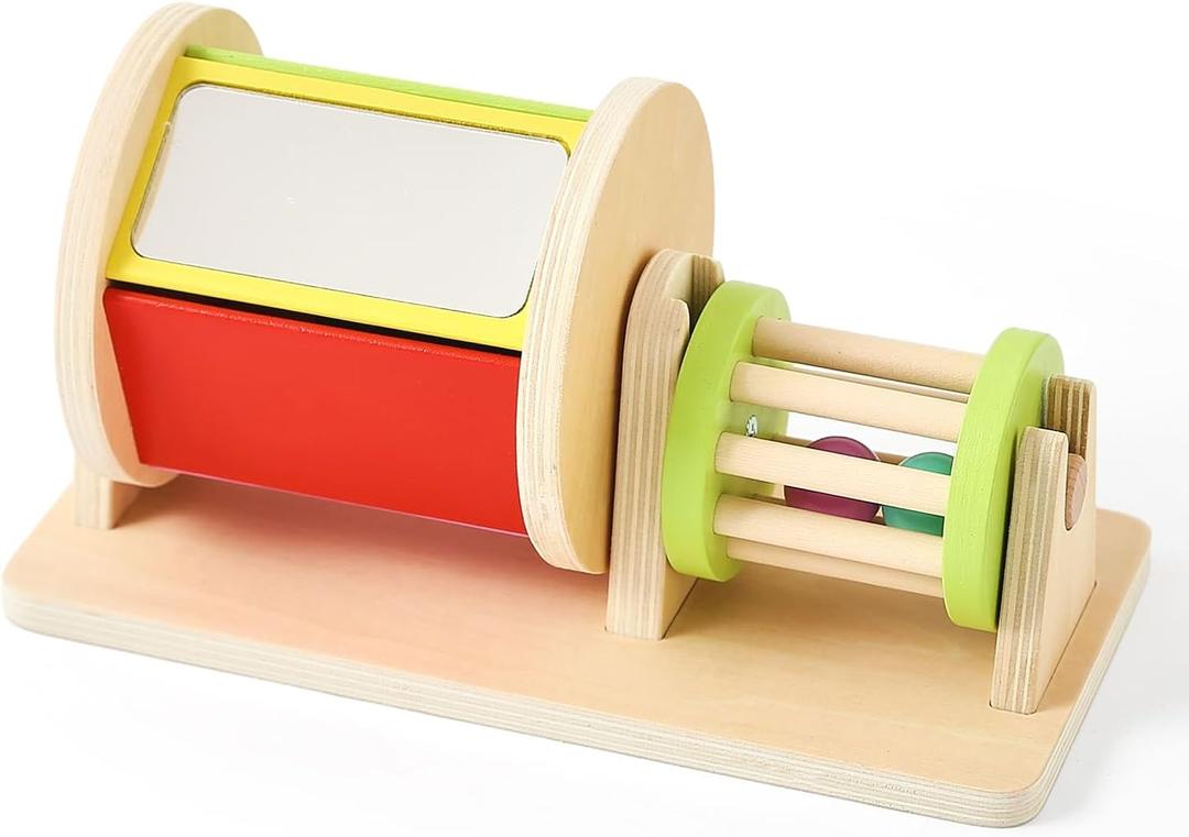 IEATFO 2-in-1 Montessori Baby Toys | Wooden Spinning Drum & Rolling Rattle Combo for 3 6 12 Months | Sensory Development Toys with Mirror, Bells & Tummy Time Play | ASTM Certified Gift (Girl/Boy)