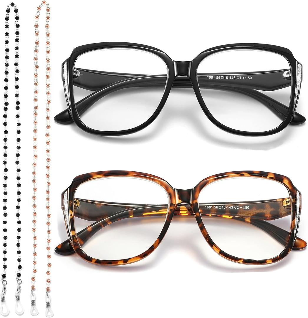2 Pack Stylish Cateye Computer Glasses Blue Light Blocking, Oversized Readers with Fashion Eyeglasses Chains for Women Black/Tortoise +0.0