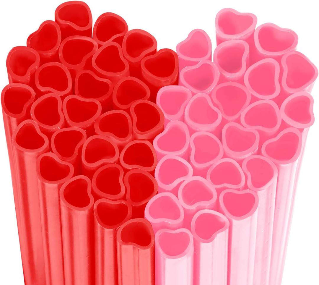 50Pcs Plastic Heart Shaped Straws, Disposable Fun Drinking Straws for Valentine's Day Wedding Bridal Shower Birthday Party Decor (Pink&Red)