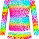 TENVDA Girls Swimsuit Long Sleeve Rash Guard Sets UPF 50+ Two Piece Bathing Suits Size 3-12 Years (7-8 Years, Rainbow Leopard)