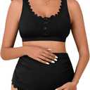 Summer Mae Maternity Ribbed High Waist Swimsuit Crop Top Bikini Bathing Suit High Cut Two Piece Pregnancy Swimwear Scalloped Black X-Large