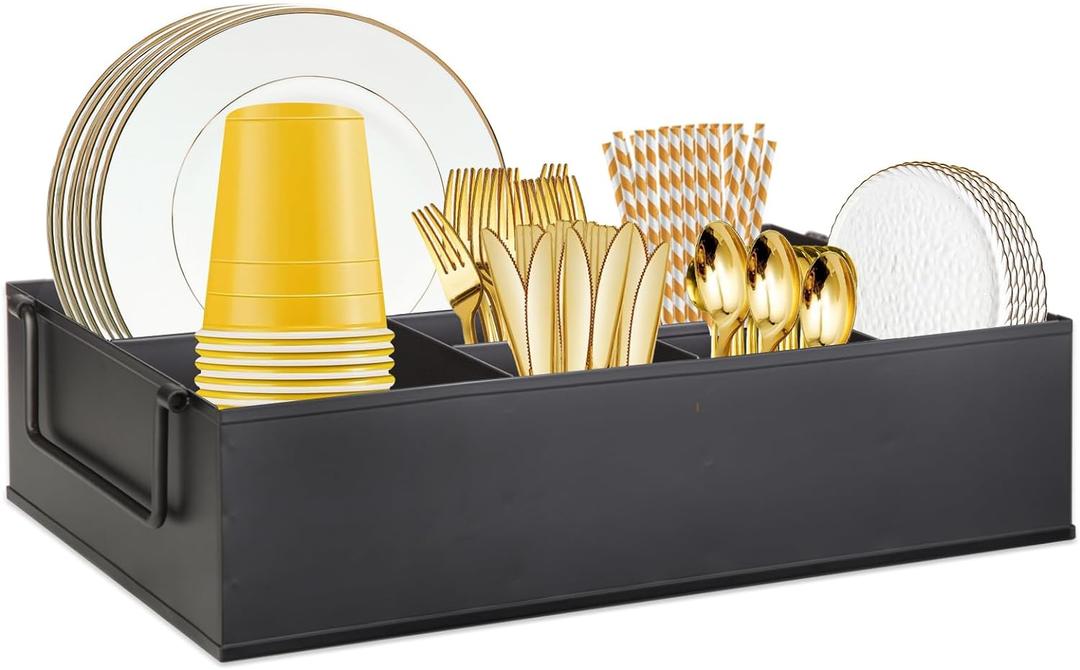 Paper Plate Dispenser Holders Utensil Caddy for Countertop,Outdoor Silverware Caddy, Picnic and Camping Utensil Holder, Flatware Organize with Handle for Party Gatherings, Metal (Black)