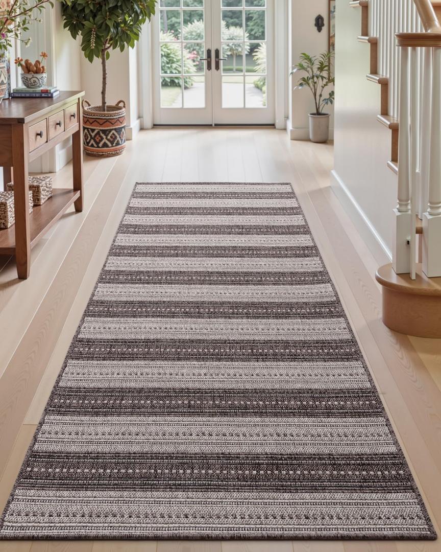 DEXI Hallway Runner Rug 3.3x6.7, Woven Braided Farmhouse Runner Carpet Indoor, Absorbent Thin Long Entryway Runners for Kitchen, Laundry Room, Patio Entrance, Striped Grey