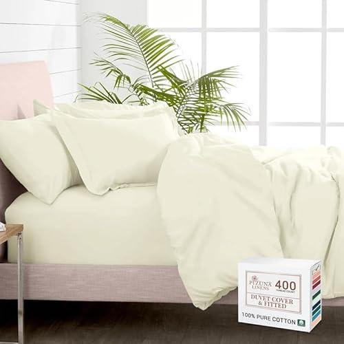 Pizuna 100% Cotton King 3 Pc Duvet Cover + 1 Pc Fitted Sheet Set 400 Thread Count Off White Sateen Weave Luxurious Long Staple Cotton 4 Piece Bedding Set -1 Duvet Cover, 2 Pillow Shams, 1 Fitted Sheet