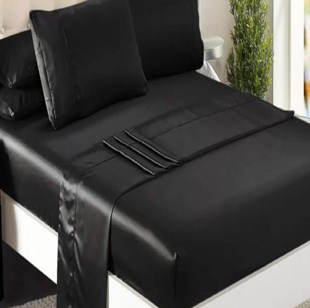 Niagara Sleep Solution Satin Queen Bed Sheet Set 4 Pieces Black Silky Smooth Bridal Satin Deep Pocket Fitted, Flat, 2 Pillow Cases Wrinkle Stain, Fade Resistant (Black Satin, Queen)