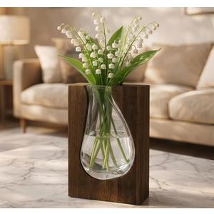 Wood and Glass Vase for Flowers - Handcrafted Solid Wood Glass Vase, Rustic Farmhouse Table Centerpiece, Artistic Wooden Vases for Home Decor Living Room (Large - Wide (9.5" H x 6.9" W))
