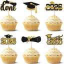 4 x 24Pcs Graduation Cupcake Toppers 2026, Black Gold Glitter Cupcake Picks, Class of 2026 Graduation Party Cake Decorations for Congrats Grad and Party Ceremony