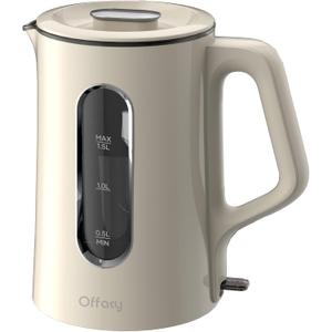 OFFACY Electric Kettle, Double Wall Glass Inner, Hot Water Boiler Heater Pot, 1.5-Liter, 1200 Watts for Fast Boiling, 53oz BPA Free, White