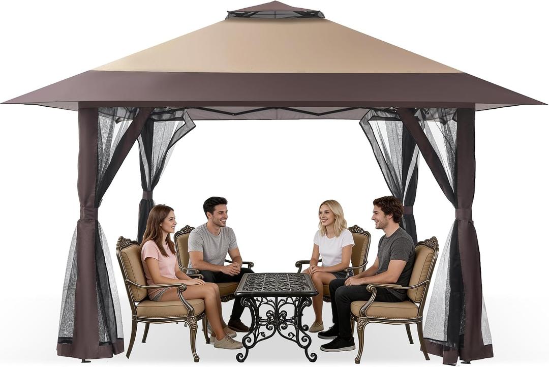 GAFETE 13x13 Pop Up Gazebo, Outdoor Canopy Tent with 4 Mosquito Netting, One Push Setup Gazebos for Patio Furniture, Backyard, Parties Events with Portable Carrrying Bag, 4 Sandbags (Beige & Coffee)