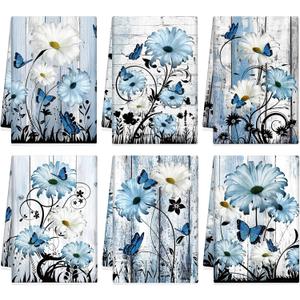 Breling Set of 6 Blue Daisy Kitchen Towel Vintage Themed Dish Towel Bathroom Decorative Rustic Tea Cloths for Kitchen Bathroom Home Cooking Housewarming Gifts, 14 x 21 Inch