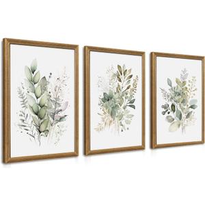 WRFON Framed Sage Green Botanical Wall Art Set of 3, Watercolor Eucalyptus & Wild Plant Canvas Prints, Minimalist Green Wall Decor for Living Room Bedroom Bathroom, 16x24 Inches