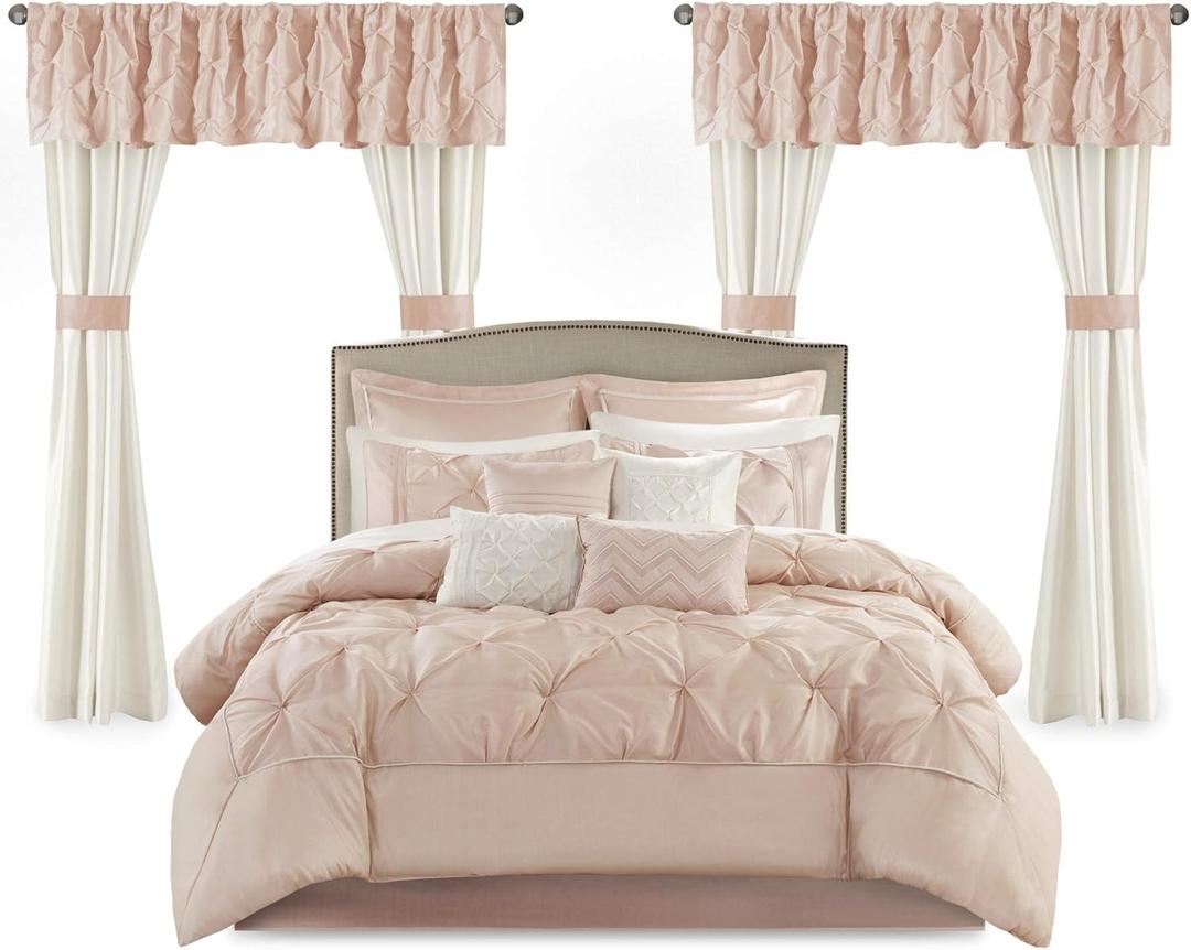 Madison Park Essentials Room in a Bag Faux Silk Comforter Set-Luxe Diamond Tufting All Season Bedding, Matching Curtains, Decorative Pillows, Queen(90"x90"), Blush 24 Piece (MPE10-809) (Queen (90 in x 90 in))