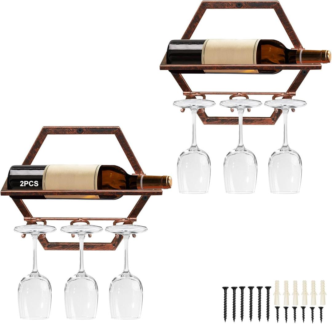 2Pcs Wall Mounted Wine Bottle Rack, Metal Hanging Wine Display Holder Organizer, Red Wine Racks for Home Kitchen Bar Decor Storage (Retro Brown AA)