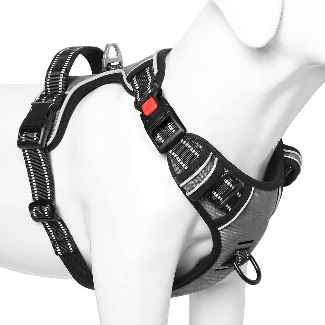 Timos Dog Harness Medium Sized, No Pull with Neck Lockable Snap,No Choke Front Clip Dog Reflective Harness,Adjustable Metal Rings 3 Buckles,Easy Control Handle for Medium Dogs Gray M