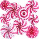 Outus 9 Pcs Pink Christmas Hanging Decorations Pink Candy Cane Paper Fans Peppermint Hanging Paper Fans Candy Cane Ceiling Wall Decor for Christmas Party Classroom Birthday Party