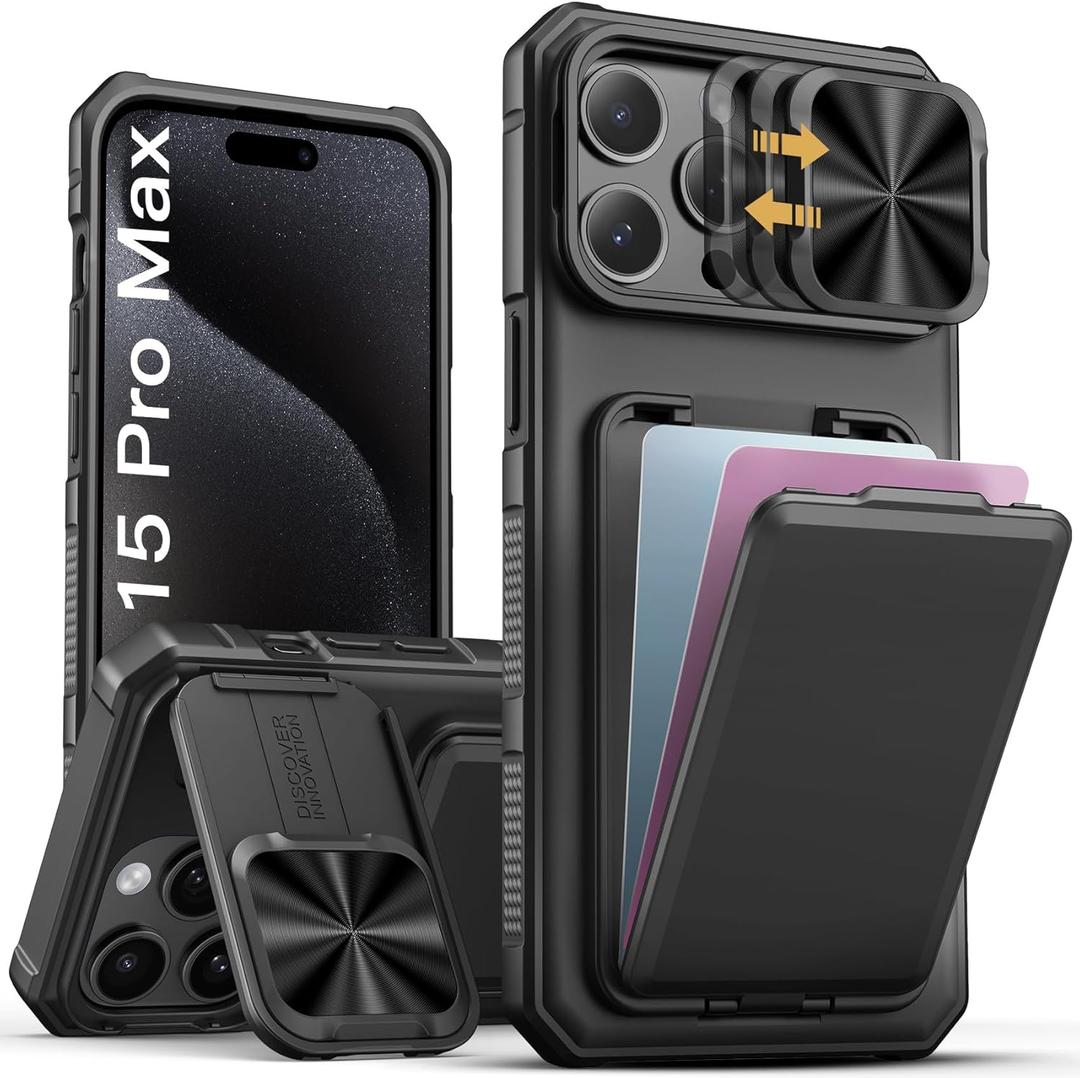 SSLOTSCASE for iPhone 15 Pro Max Case with Card Holder & Kickstand & Slide Camera Lens Cover & Camera Stand & Wallet, MilitaryGrade Heavy Duty Phone Case Cover for iPhone 15 Pro Max 5G 2023, Black