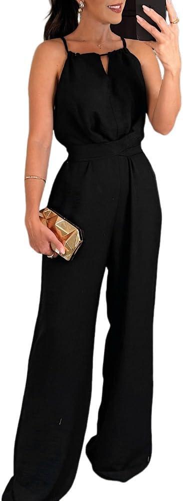 CHICME Women's Sexy Halter Jumpsuits Sleeveless Casual Ruched Rompers Wide Leg Jumpsuit (Black) XL