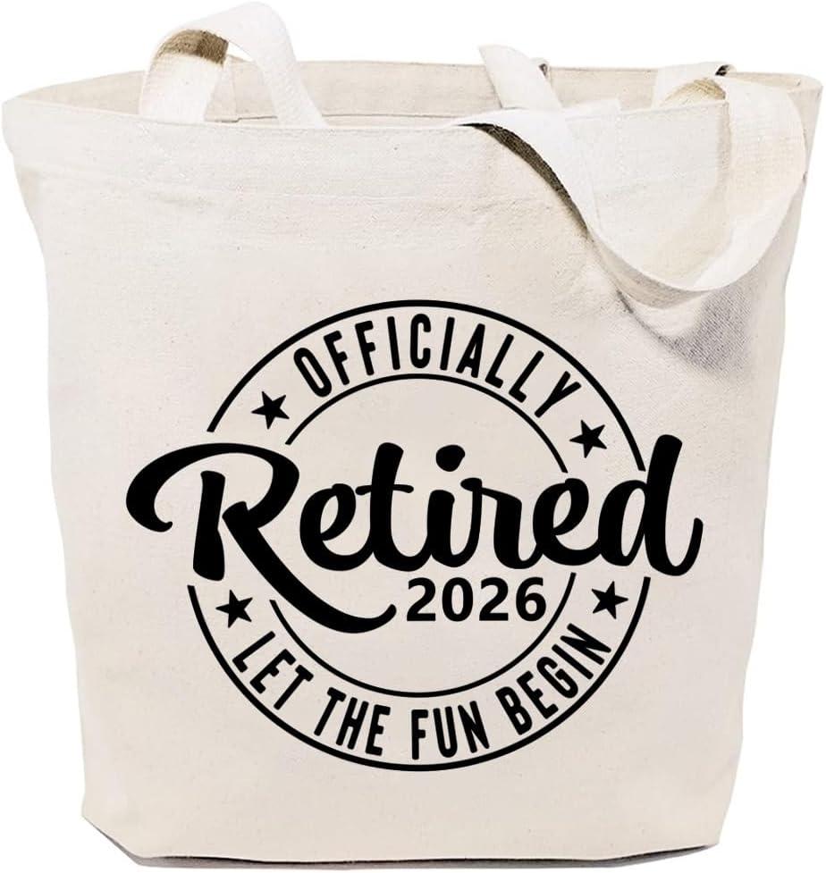 GXVUIS Canvas Tote Bag for Women Reusable Shoulder Shopping Bags Funny Retirement Gift Officially Retired Let The Fun Begin (White)