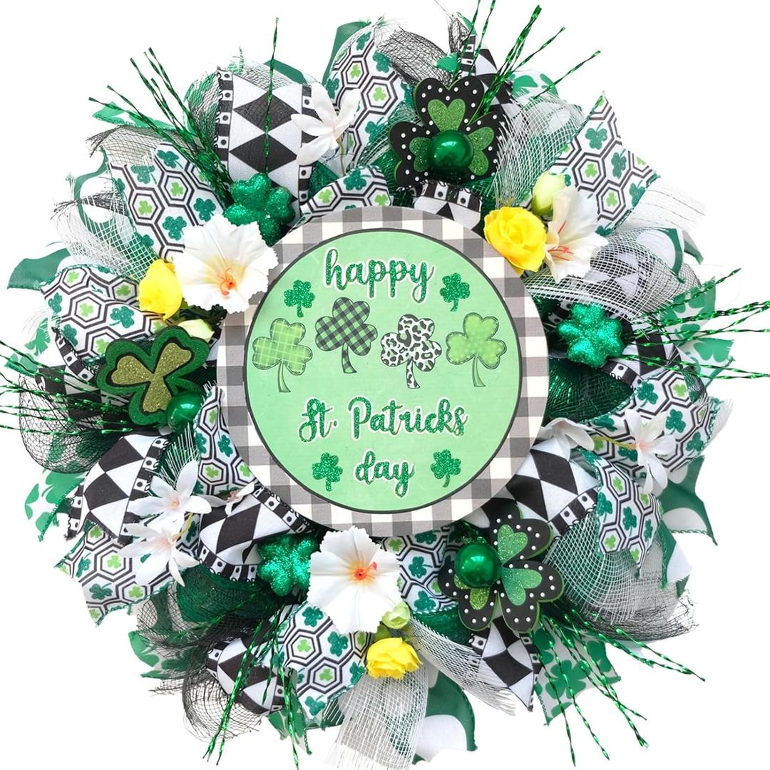 18 Inch St Patrick's Day Wreath for Front Door Green Mesh Wreath with Shamrock, Irish St Patricks Day for Indoor Outdoor Decorations Wall Home Decor
